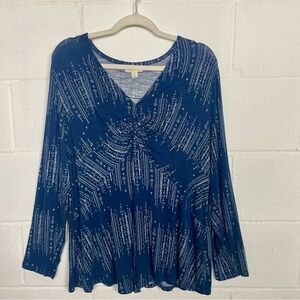 Style & Co Long Sleeve‎ Baby Doll Top Blue Aztec Print Y2K Bohemian Hippie 1X
